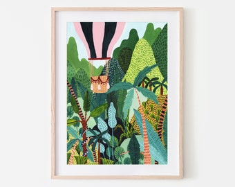 Heteluchtballon / Jungle / Botanische Illustratie / Heteluchtballon Print / Kwekerij Wall Art / Kwekerij Decor / Botanische Print /Tropical Art