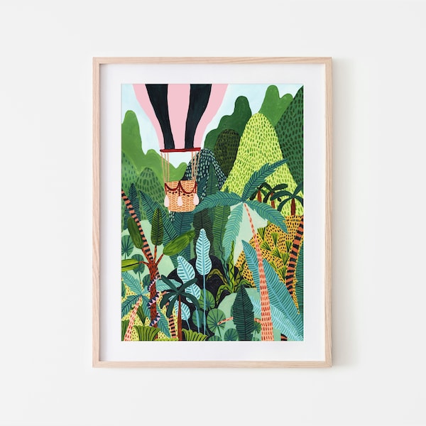 Hot Air Balloon / Jungle / Botanical Illustration / Hot Air Balloon Print / Nursery Wall Art / Nursery Decor / Botanical Print /Tropical Art