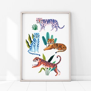 Jungle Tigers Art Print, Nursery Decor, Rainforest, Botanical Illustration, Tropical Decor, Wild Cats, Poster, Safari, Nursery Wall Art image 6