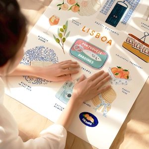 May include: A white poster with illustrations of Lisbon, Portugal. The poster includes images of sardines, oranges, a camera, hats, and a tram. Text includes "Lisboa", "Portuguese Sardines", and "Orange".