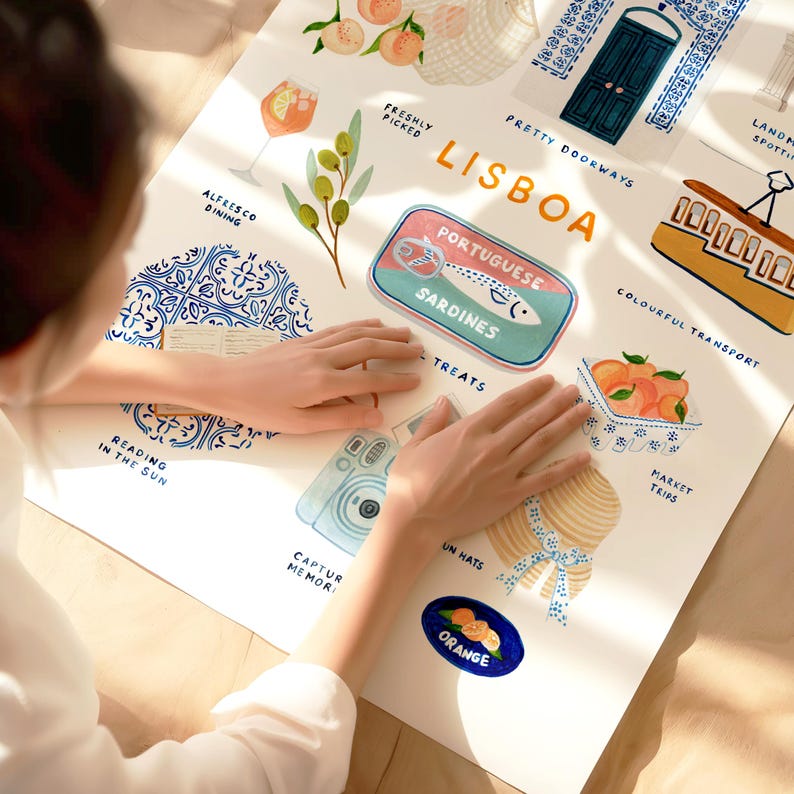 May include: A white poster with illustrations of Lisbon, Portugal. The poster includes images of sardines, oranges, a camera, hats, and a tram. Text includes "Lisboa", "Portuguese Sardines", and "Orange".