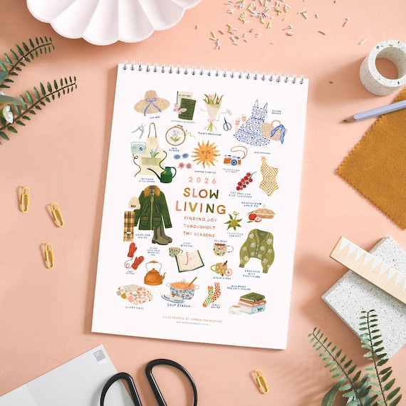 Calendar, 2026 Slow Living Calendar, Monthly Calendar, Wall Calendar, Illustrated 12 Month Calendar, Gift for her, Wall Decor, Cottage Core