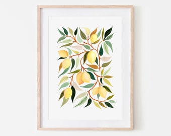 Lemon Blooms Art Print, Botanical Print, Kitchen Decor, Wall Art, Kitchen Art Print, Lemon Poster, Modern Farmhouse, Home Decor, Fruit Print