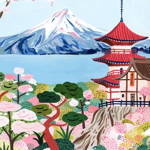 May include: A painting of a red pagoda with a white building attached to it. The pagoda is in front of a blue lake and a snow-capped mountain. The scene is surrounded by pink and white cherry blossoms.