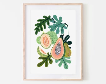 Papaya & Melon Print, Küchendeko, Obst Illustration, botanischer Print, Home Decor, Food Poster, Kitchen Wall Art, Nature Print, Sommer