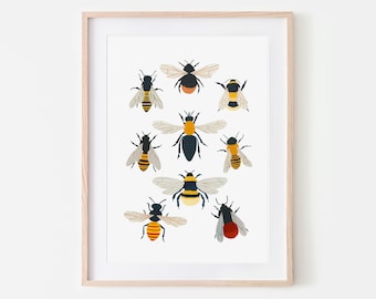 Britischer Bienenarten-Druck, Insektendruck, Hummel, Kinderzimmer-Wandkunst, Käfer-Druck, Kinderzimmer-Dekoration, Tierkinderzimmer, Käfer-Kunst, Wildtier-Poster