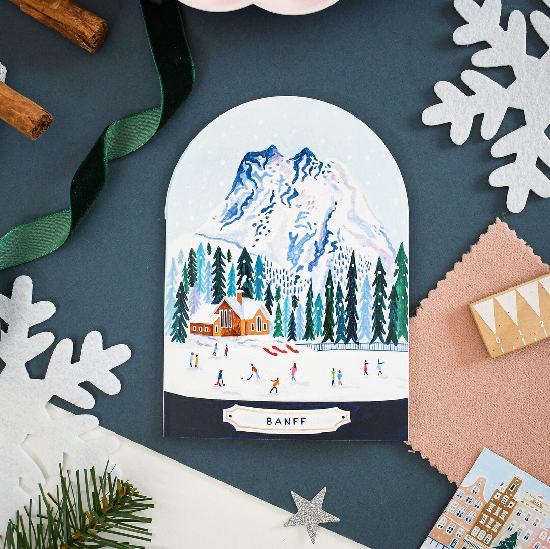 Banff Snow Globe Christmas Card, Canada Christmas Card. Travel