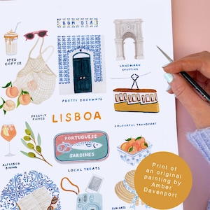 May include: A colorful illustration featuring various Lisbon-themed elements: iced coffee, sunglasses, a shopping bag, peaches, a blue door, a landmark, a tram, sardines, oranges, a camera, sun hats, and the text "LISBOA".