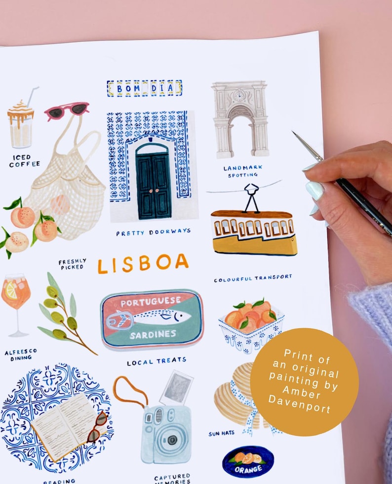 May include: A colorful illustration featuring various Lisbon-themed elements: iced coffee, sunglasses, a shopping bag, peaches, a blue door, a landmark, a tram, sardines, oranges, a camera, sun hats, and the text "LISBOA".