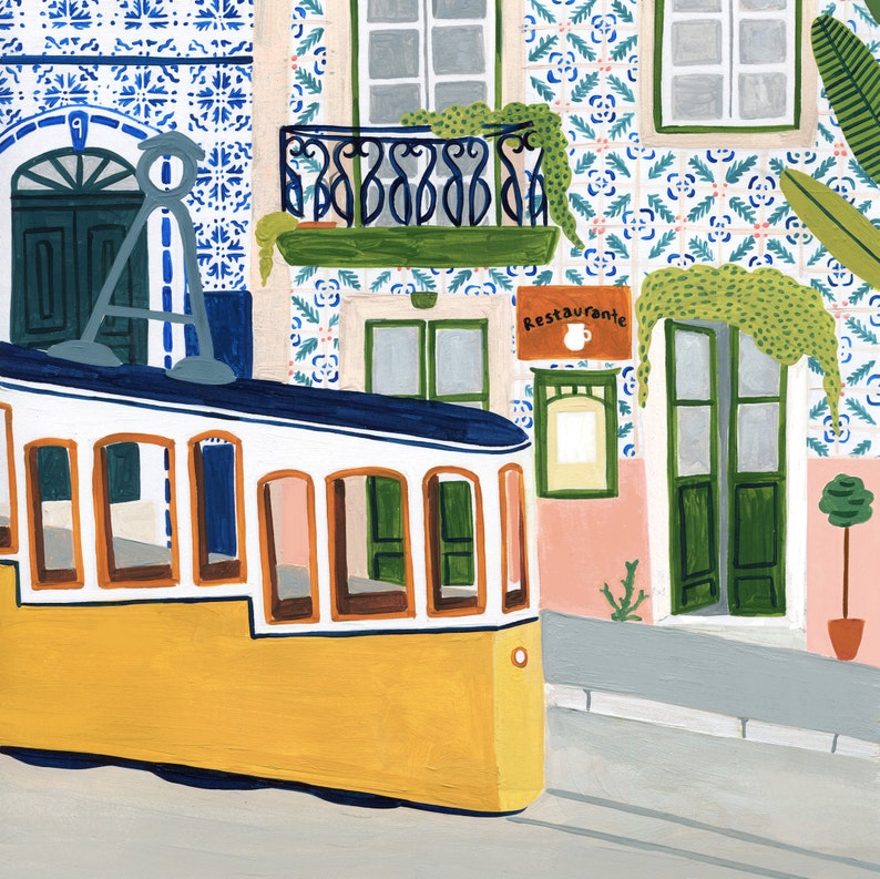 May include: A yellow and white tram with blue accents is parked in front of a building with blue and white tile patterns. The building has a sign that reads "Restaurante".