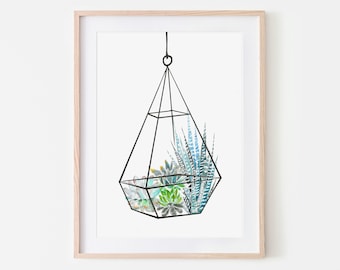 Terrarium / Botanical Print / Geometric Terrarium / Botanical Illustration / Home Decor / House Plants / Watercolour / Housewarming Gift