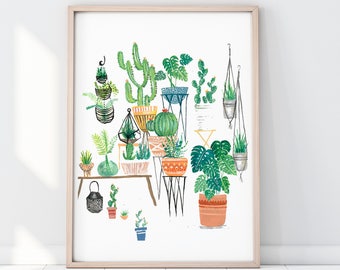 Potted Jungle Print, Botanical Illustration, Plants Print Illustration, Indoor Plants, Botanical Print, Cactus Print, Terrarium Print