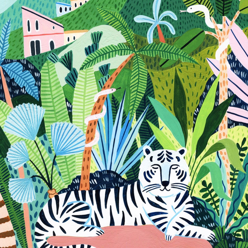 May include: A white tiger with black stripes is lying down in a jungle setting. The tiger is surrounded by lush green foliage, including palm trees, ferns, and vines. A white snake with black spots is winding its way up a tree trunk.
