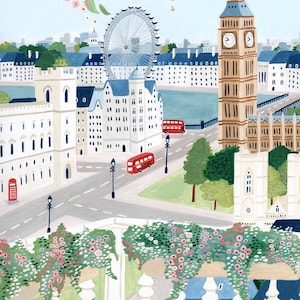 May include: A colorful illustration of London landmarks, including Big Ben, the London Eye, and red double-decker buses. The scene is viewed from above, with lush green trees and flowers in the foreground.