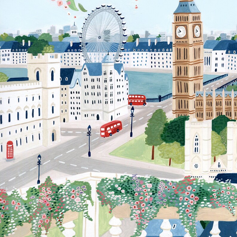 May include: A colorful illustration of London landmarks, including Big Ben, the London Eye, and red double-decker buses. The scene is viewed from above, with lush green trees and flowers in the foreground.