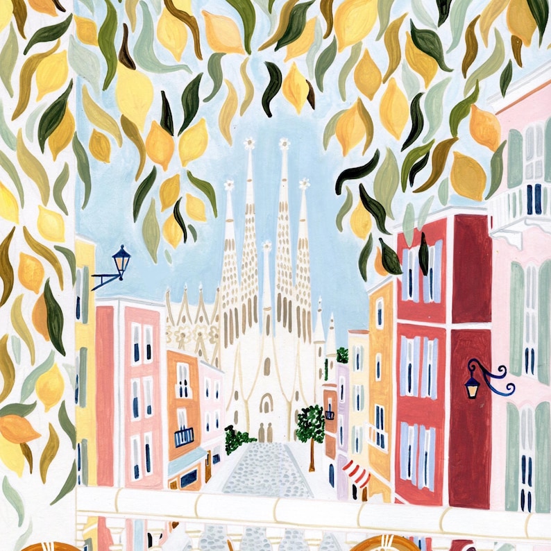 May include: An artistic illustration of a European city street scene, framed by lemon-laden branches. The artwork features colorful buildings, a cobblestone street, and a prominent cathedral in the background. The color palette includes yellows, pinks, and blues.