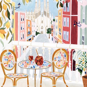 May include: An illustration of a balcony scene overlooking a European city. Two chairs and a small table with a mosaic design are set for drinks. A pitcher and two glasses of sangria sit on the table. The background features colorful buildings and a cathedral.