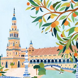May include: A colorful illustration of a Spanish-style building with a tall tower, a bridge, and a canal. The building is painted in shades of yellow, orange, and blue. The canal is surrounded by lush green trees and a bright blue sky. The scene is decorated with orange fruit hanging from a tree branch.