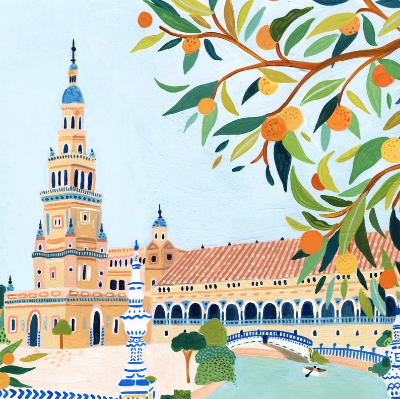 May include: A colorful illustration of a Spanish-style building with a tall tower, a bridge, and a canal. The building is painted in shades of yellow, orange, and blue. The canal is surrounded by lush green trees and a bright blue sky. The scene is decorated with orange fruit hanging from a tree branch.