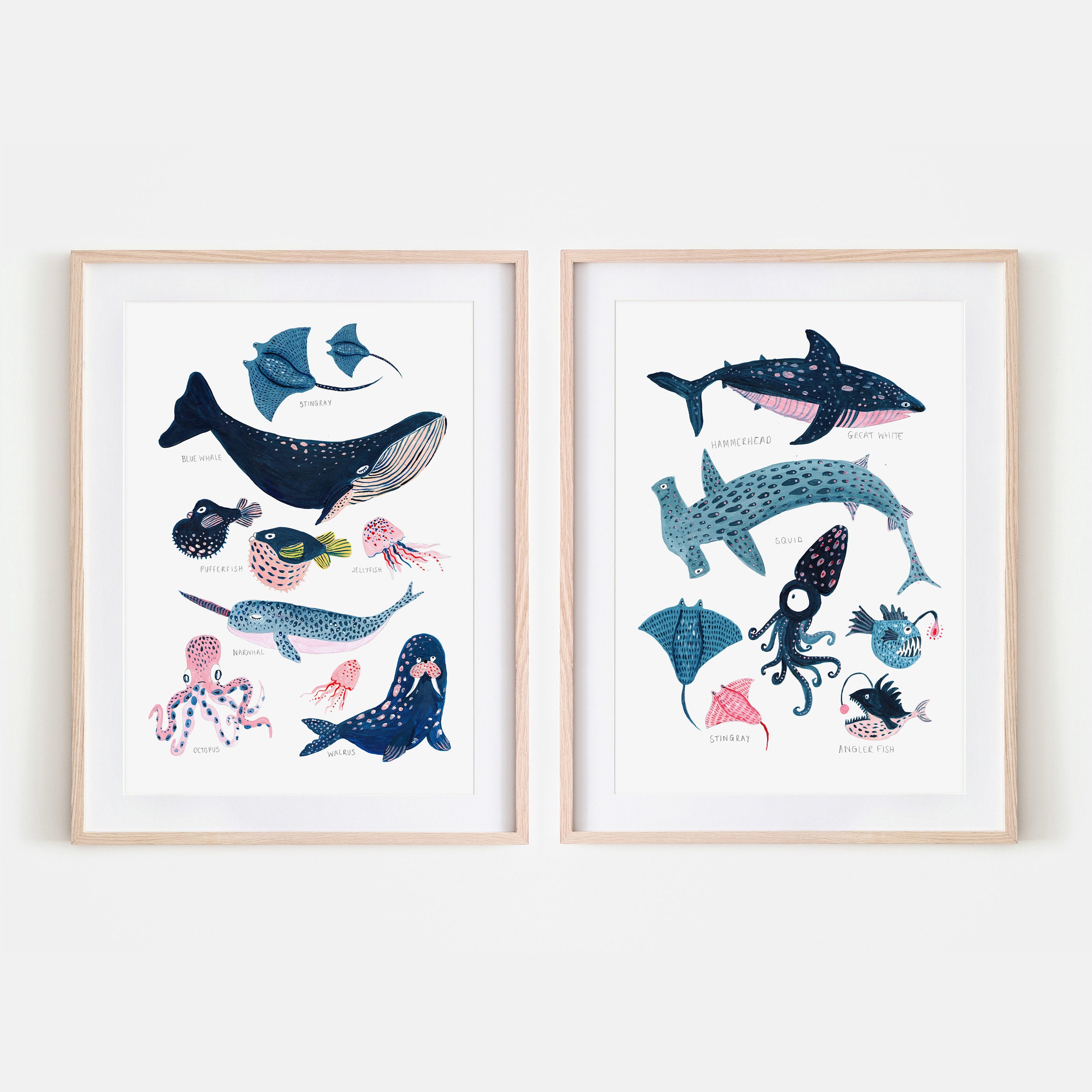 Ocean Underwater Sea Fish A4 A3 A2 Wall Art Illustration Whale Print Kids Nursery Decor