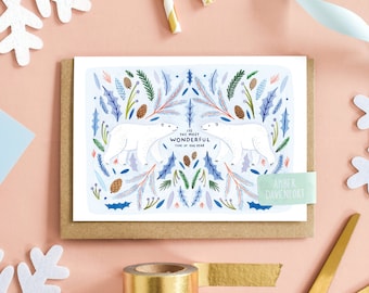 Polar Bear Christmas Card, Botanical Christmas Card, Holiday Card, Greeting Card, Scandinavian Christmas Card, Xmas Card, Nordic Christmas