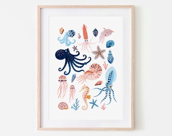 Under the Sea Print, Nursery Wall Art, Nautical, Nursery Decor, Nautical Decor, Sea Life, Nursery Decor, Bathroom Wall Art