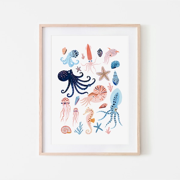 Under the Sea Print, Nursery Wall Art, Nautical, Nursery Decor, Nautical Decor, Sea Life, Nursery Decor, Bathroom Wall Art