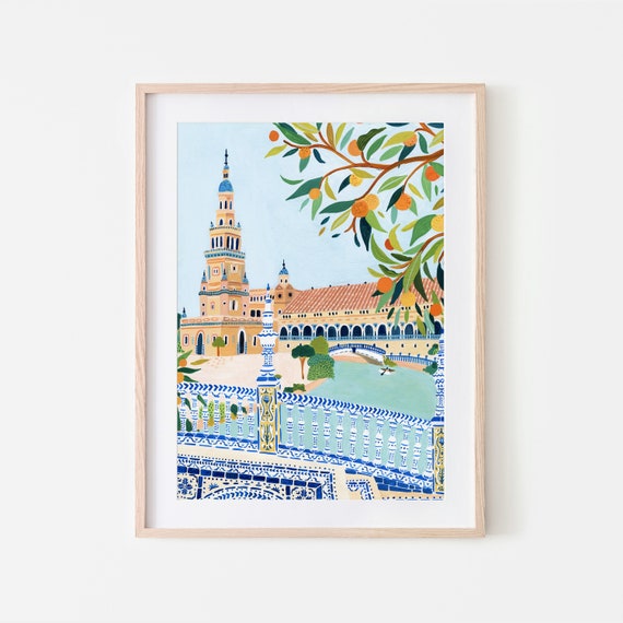 Seville Travel Poster Spain Art Print Kitchen Wall Art Bathroom Blue and White Colorful Gallery Wall Quirky Wall Decor Housewarming New Home