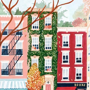 May include: A colourful illustration of buildings with white-framed windows. One building is covered in green vines and decorated with pumpkins. A red building has a sign that says "BOOKS". A tree with orange leaves is in the foreground.
