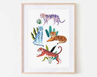 Jungle Tigers Art Print, Nursery Decor, Rainforest, Botanical Illustration, Tropical Decor, Wild Cats, Poster, Safari, Nursery Wall Art