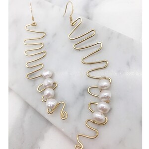Parentheses Earrings, gold, freshwater pearl squiggle drop earrings