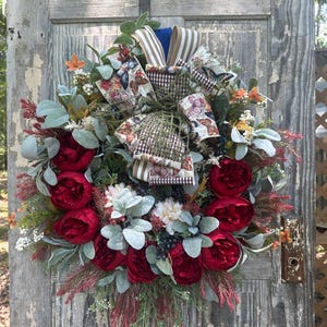 Burgundy Peony Wreath: Rustic Farmhouse Cottage Door Decor