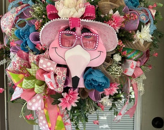 Flamingo wreath, Summer wreath, Flamingo decor, Flamingo front door wreath, Tropical wreath, Beach wreath, Floral wreath, Mother’s Day gift