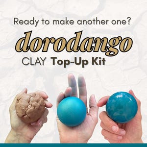 May include: Image of a "dorodango CLAY Top-Up Kit" with three clay balls in different stages. One is brown and textured, the other two are blue and smooth. The text "Ready to make another one?" is at the top.
