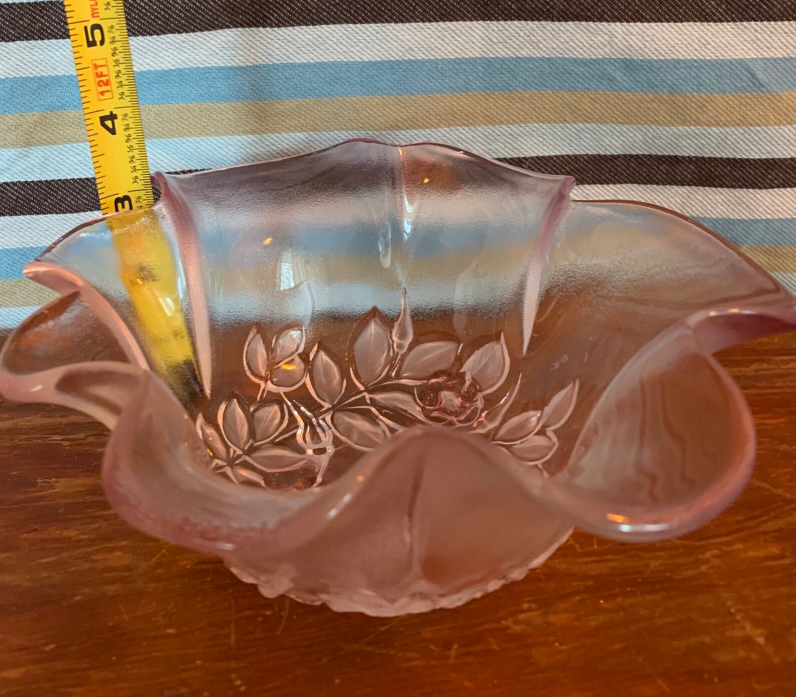 Vintage Pink Frosted Glass Candy Bowl Dish Roses Ruffled Etsy