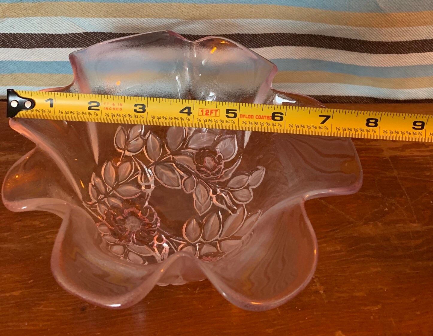 Vintage Pink Frosted Glass Candy Bowl Dish Roses Ruffled Etsy