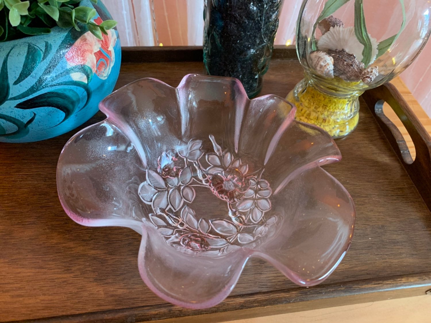 Vintage Pink Frosted Glass Candy Bowl Dish Roses Ruffled Etsy
