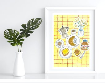 Illustration av italienskt frukostbord | Akvarell köksväggkonst | Digitalt tryck av kaffe och bakverk | Matkonst | Direktnedladdning