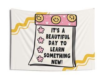 Hermoso día para aprender algo nuevo Tapiz de aula con cita para maestros Tapiz de decoración de aula boho Póster Sonrisas retro Lindo Aprendizaje en el aula