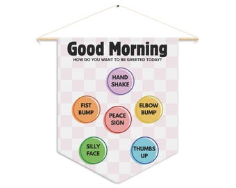 Letrero de rutina matutina, gestión de clases, saludo matutino de escuela secundaria, tapiz para maestros, reglas escolares, póster SEL, saludo retro, comportamientos de elección
