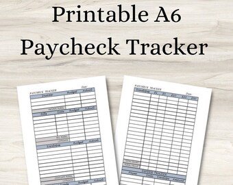 May include: Printable A6 Paycheck Tracker budget template with two pages. The left page has sections for income, bills, envelopes, and sinking funds. The right page has a section for expense tracking with columns for date, envelope, and amount.