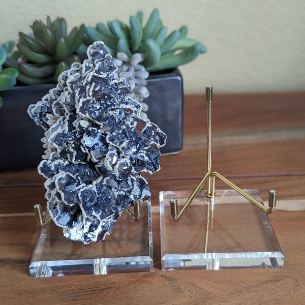 Size 6 - Display Base - The Mineral Stand (TM) - Original Edition - Acrylic and Brass Mineral Rock Stand, Clear Wire Holder