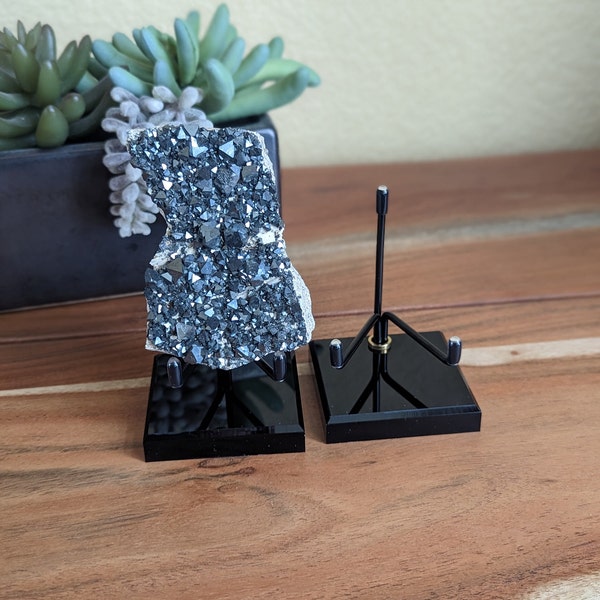 Size 4 - Display Base - The Mineral Stand (TM) - Midnight Edition - Acrylic and Brass Mineral Rock Stand Wire Holder