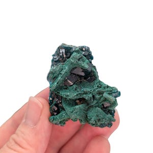 May include: A cluster of green and black crystals. The crystals are arranged in a rough, natural formation.
