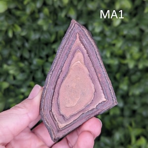 May include: A triangular piece of banded ironstone with a red, brown, and white pattern. The stone is labeled "MA1".
