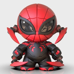 Puede incluir: Figura estilizada de Spider-Man en rojo y negro, con un patrón de telaraña en la cabeza. Tiene ojos grandes y extensiones rojas en forma de cuchilla. La figura está en una pose dinámica.