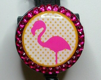Polka dot flamingo badge reel: Pink and Mustard or Black and Pink