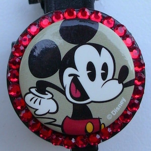 Mickey Mouse classic badge reel with red rhinestones