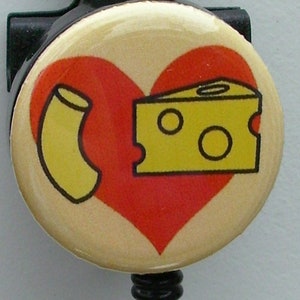Funny foodie &quot;Mac and cheese love/I love mac and cheese&quot; badge reel