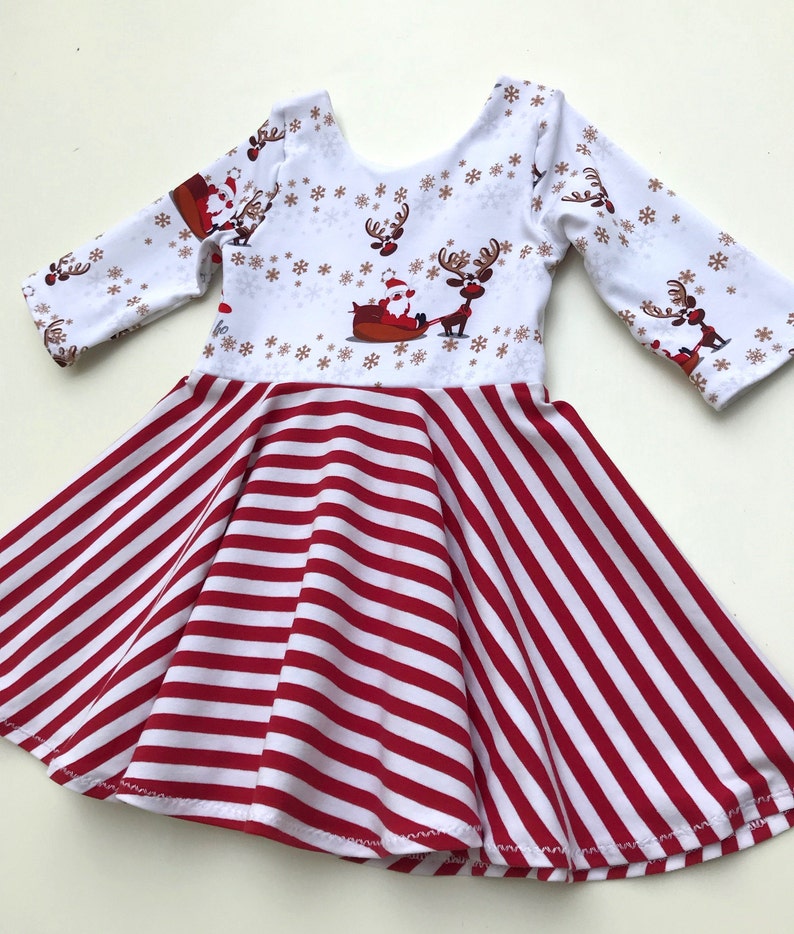 Christmas Twirl Dress Rudolph Reindeer Dress Red White Stripe Dress